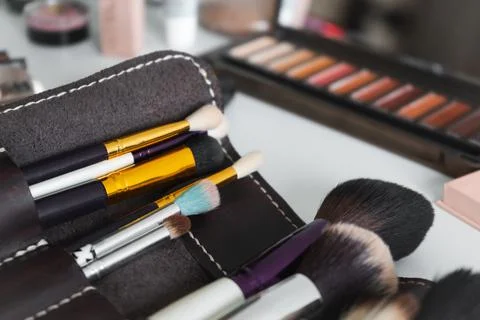 Set of different brushes of professional makeup artist, accessories for makeu Fotos Stock