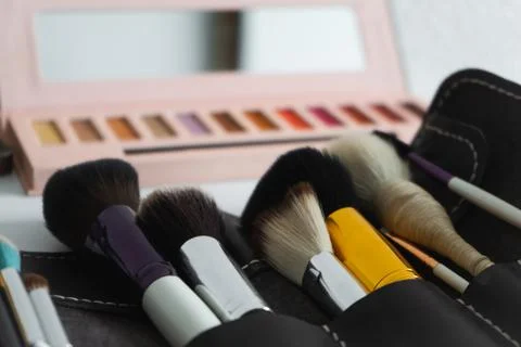 Set of different brushes of professional makeup artist, the palette of shadow Fotos Stock