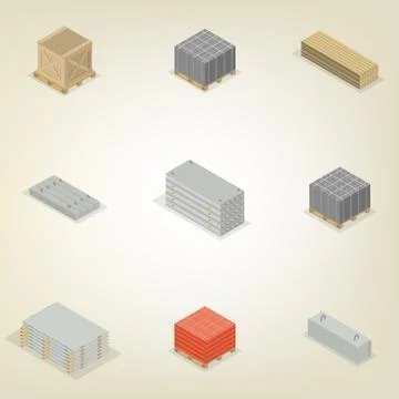 Set of different building materials in 3D, vector illustration. Ilustración de archivo