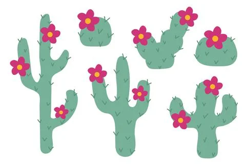 Set of different Cactus plants with pink flowers. Vector flat illustration Stock Illustration