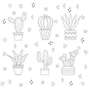 Set of different cactus in pots on doodle background, flat raster outline Stock Illustration