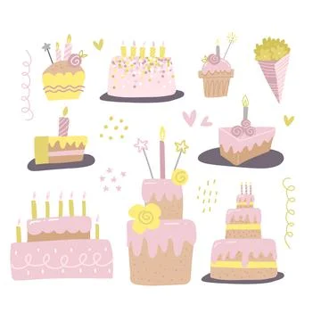 Set of different cakes with candles. Design for birthday greeting card, gift tag Stock Illustration