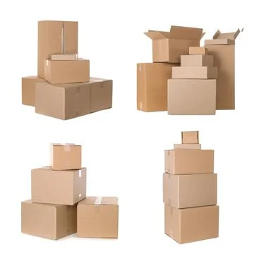 Set with different cardboard boxes on white background Stock Photos