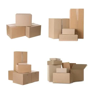 Set with different cardboard boxes on white background Stock Photos