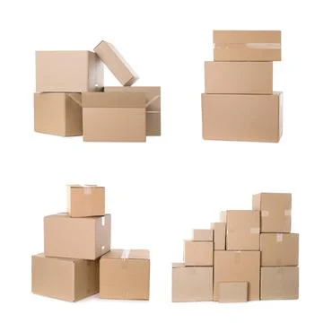 Set with different cardboard boxes on white background Stock Photos