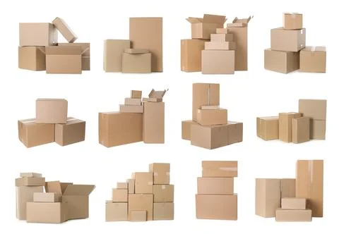 Set with different cardboard boxes on white background Stock Photos