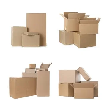 Set with different cardboard boxes on white background Stock Photos