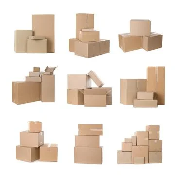 Set with different cardboard boxes on white background Stock Photos
