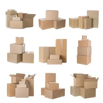 Set with different cardboard boxes on white background Stock Photos