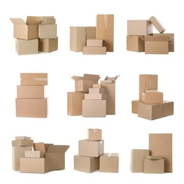 Set with different cardboard boxes on white background Stock Photos