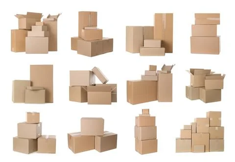 Set with different cardboard boxes on white background Stock Photos