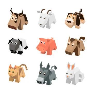 Set of different cartoon isometric 3d animals. Stock Illustration