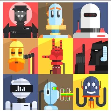 Set Of Different Cartoon Robots Stock Illustration