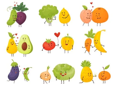 Set of different cartoon vegetables and fruits. Vector illustration on a white Stock Illustration