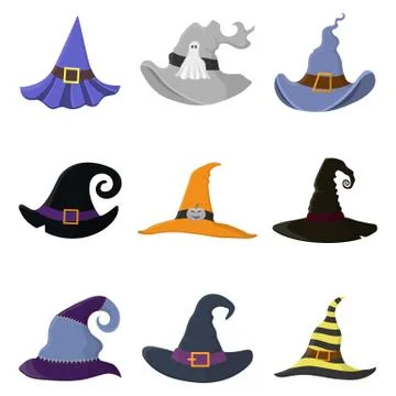 Set of different cartoon witch hats isolated on white background. Children ki Stock Illustration