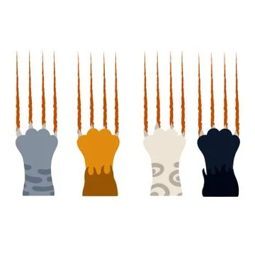 Set of different cat paws with claws and bloody scratch marks Stock Illustration
