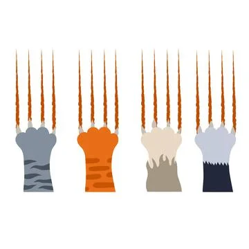 Set of different cat paws with claws and bloody scratch marks. Stock Illustration