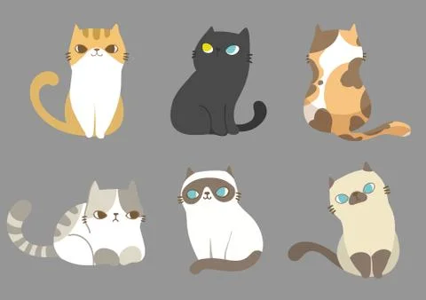 Set of different cats breeds in different poses on grey background. Vector il Stock Illustration