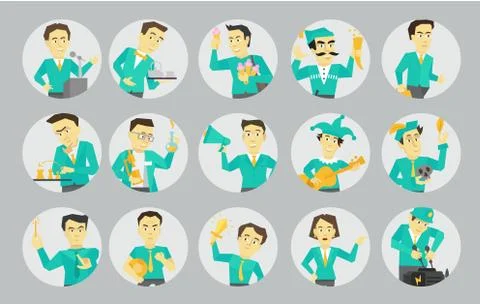 Set different character avatars in circles. Speaker politician and many others Stock Illustration