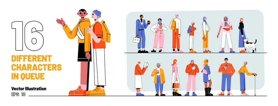 Set different characters in queue, people in line Illustrazione stock