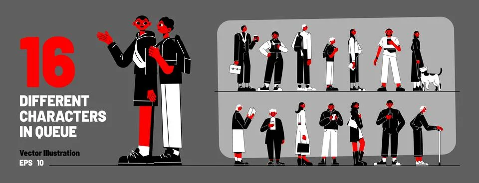 Set of different characters standing in long queue Illustrazione stock