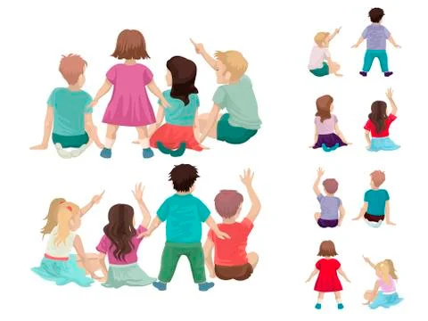 A set of different children, sitting and standing back. Girls and boys. Vector Stock Illustration