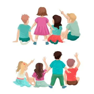 A set of different children, sitting and standing back. Girls and boys. Vector Stock Illustration