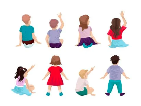 A set of different children, sitting and standing back. Girls and boys. Vector Stock Illustration