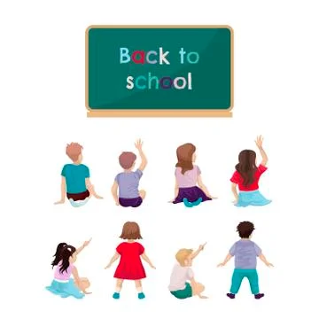 A set of different children, sitting and standing back. Girls and boys Stock Illustration