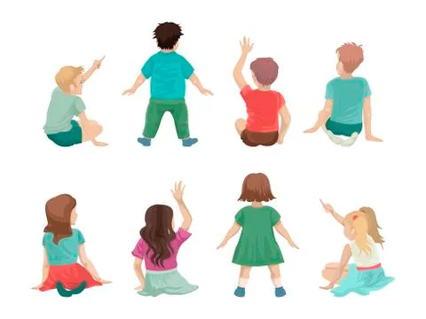 A set of different children, sitting and standing back. Girls and boys. Vector Stock-Illustration