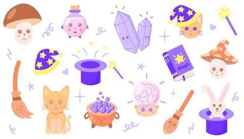 Set of different childrens magic elements, vector in kawaii and cartoon style Stock Illustration