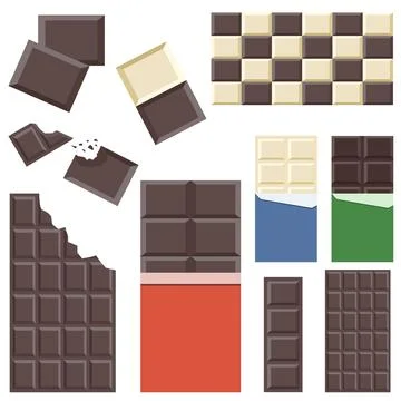 Set of different chocolate bars, Wrapped, unwrapped and bitten pieces. Illustrazione stock