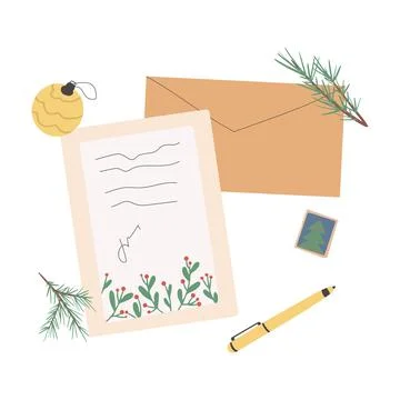Set of different Christmas envelopes with mail, postage stamps and postcards, Stock Illustration