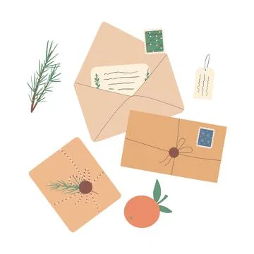 Set of different Christmas envelopes with mail, postage stamps and postcards, Stock Illustration
