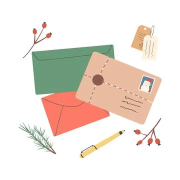 Set of different Christmas envelopes with mail, postage stamps and postcards, Stock Illustration