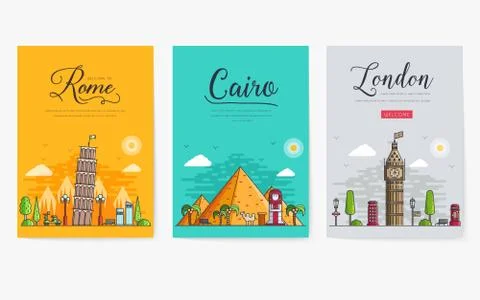 Set of different cities for travel destinations. landmarks banner template of Ilustración de archivo