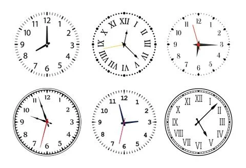 The set of different clock faces. Round shape. Vector Stock Illustration