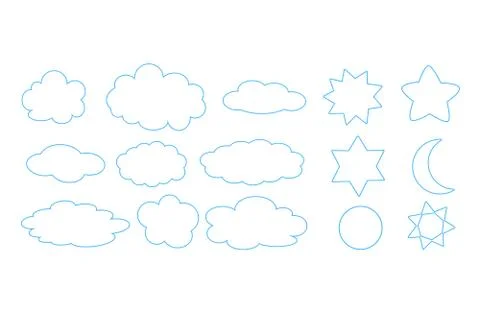 Set of different clouds, moon, sun and stars outline Stock Illustration