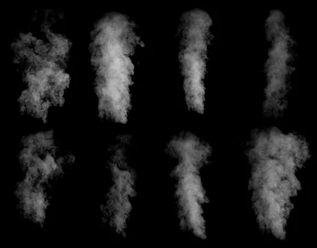 Set of different clouds of smoke isolated on black background Stock Photos