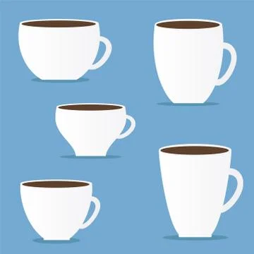 Set of different coffee cup mug on blue background Flat modern simply design, Stock Illustration