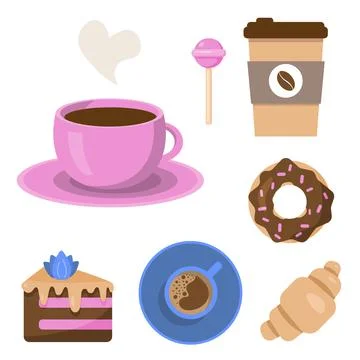Set of different coffee cups and desserts. Pink cup of coffee, above view and co Stock Illustration