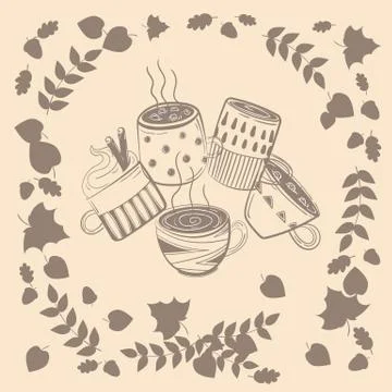 Set of different coffee cups in autumn leaves Stock Illustration