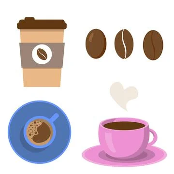 Set of different coffee cups with beans. Pink cup of coffee, above view and Stock Illustration