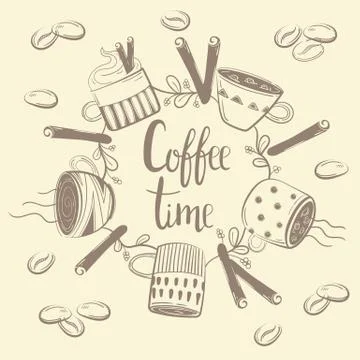 Set of different coffee cups in circle Stock Illustration