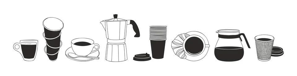 Set of different coffee elements line art drawing. 스톡 일러스트