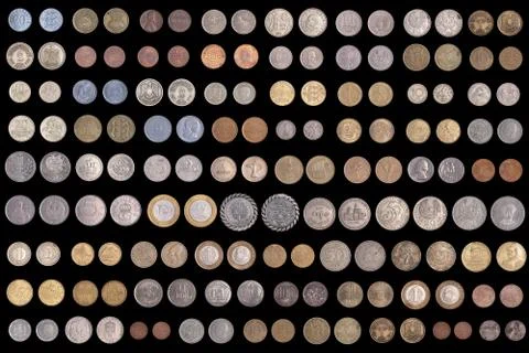 Set of different coins of different countries on a black background. Stock Photos