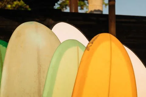 Set of different color surf boards in a stack by ocean.Bali.Indonesia. Surf 写真素材