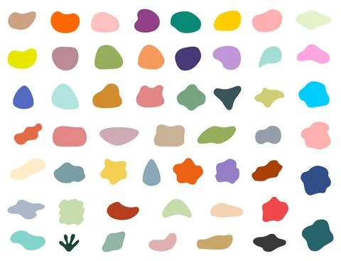 Set of different colored blotch shapes. Random abstract liquid shapes, round Stock Illustration