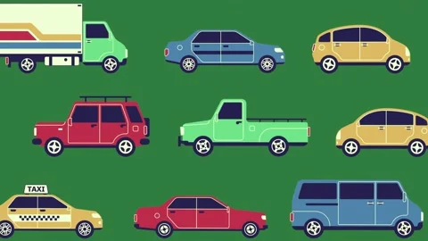 A set of different colored cars and green background with many bunch on group Stock Footage 336890065