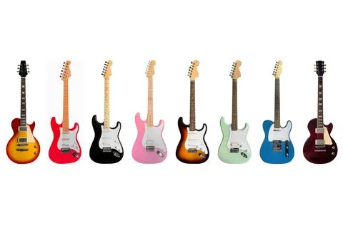 Set of different colored electric guitars isolated on white background Stock Photos